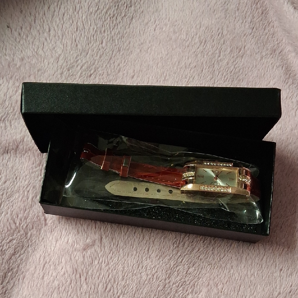 Women’s Crystal Accent Rectangular Watch - Brown Strap